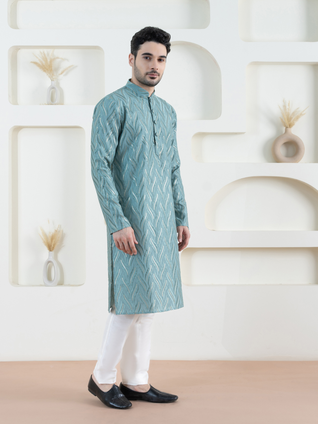 Magnet Men's Sage Green Embroidered Kurta Trouser Set