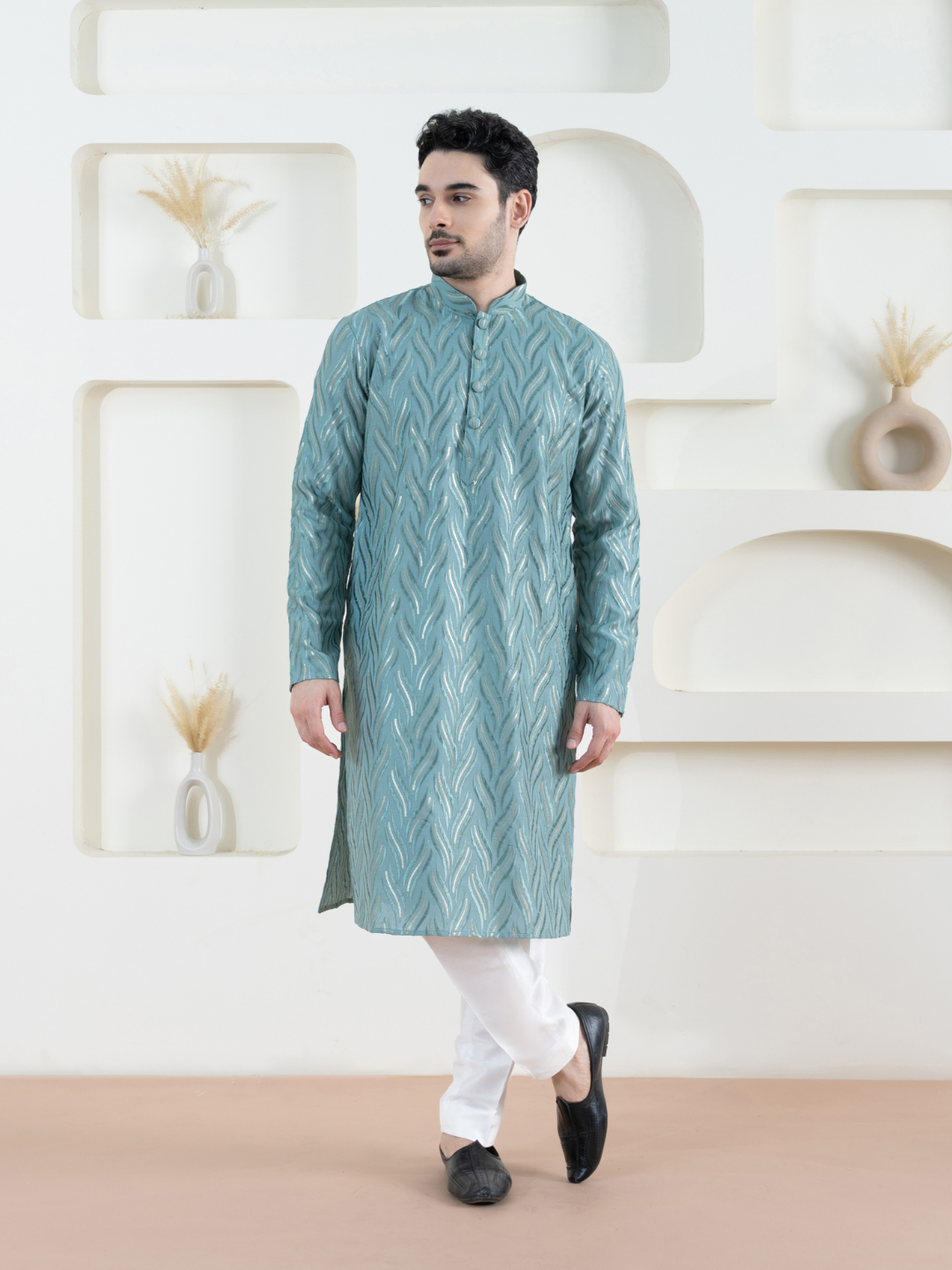 Magnet Men's Sage Green Embroidered Kurta Trouser Set