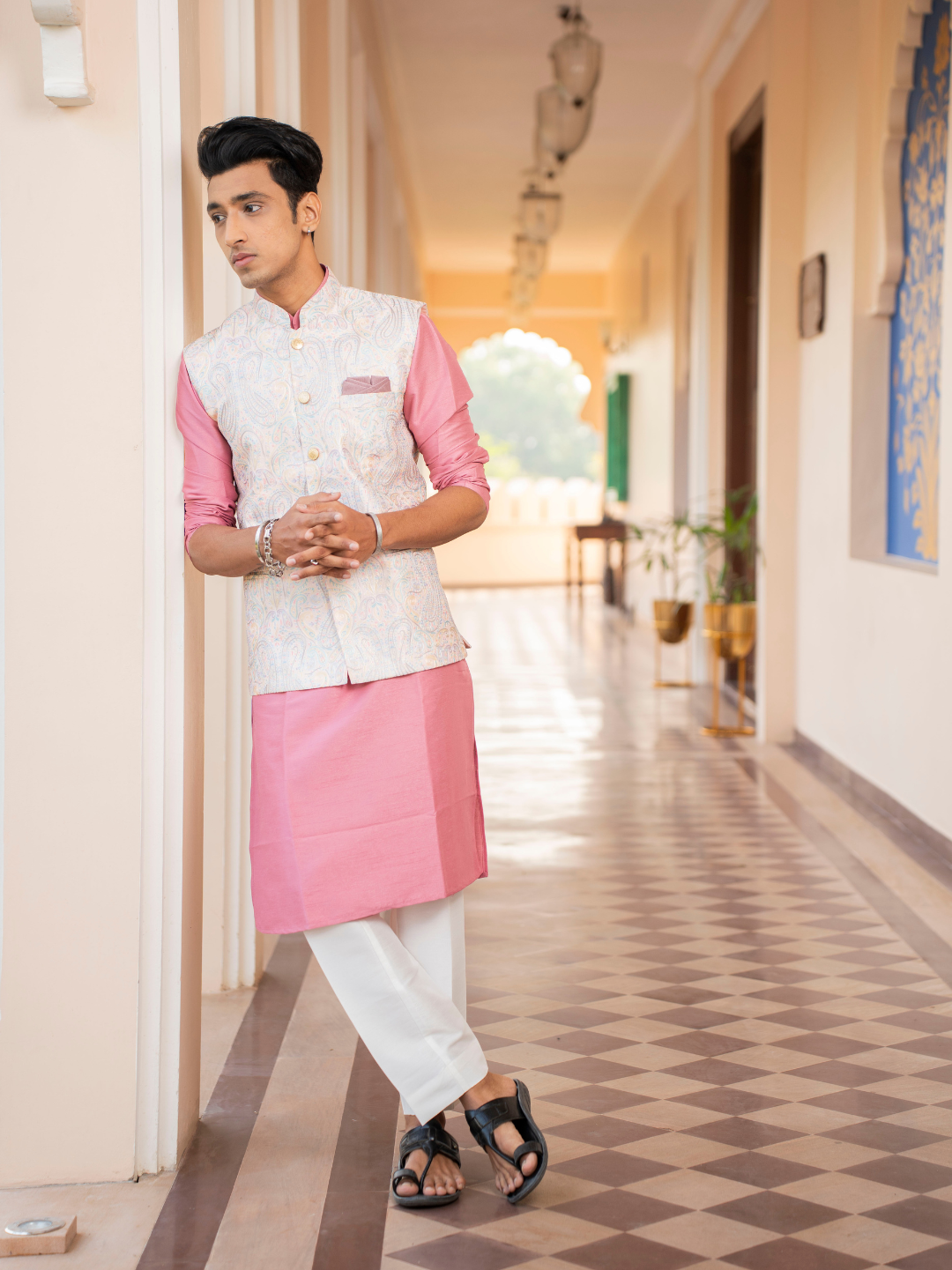 Magnet Men's Rose Pink Kurta Nehru Jacket Set