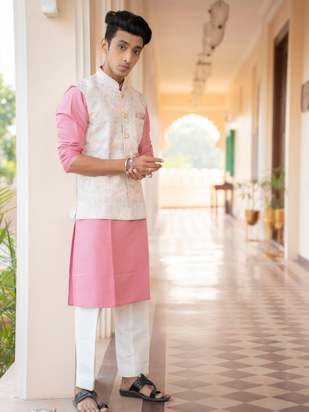 Magnet Men's Rose Pink Kurta Nehru Jacket Set