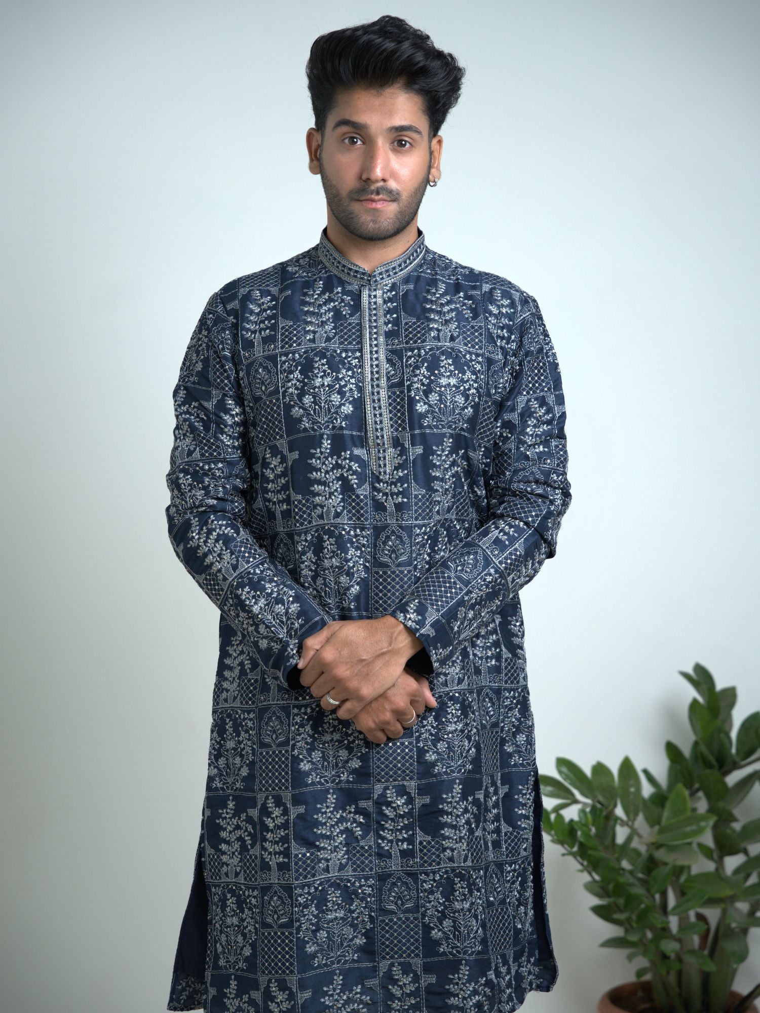 Navy blue Kashmiri embroidery kurta trouser set