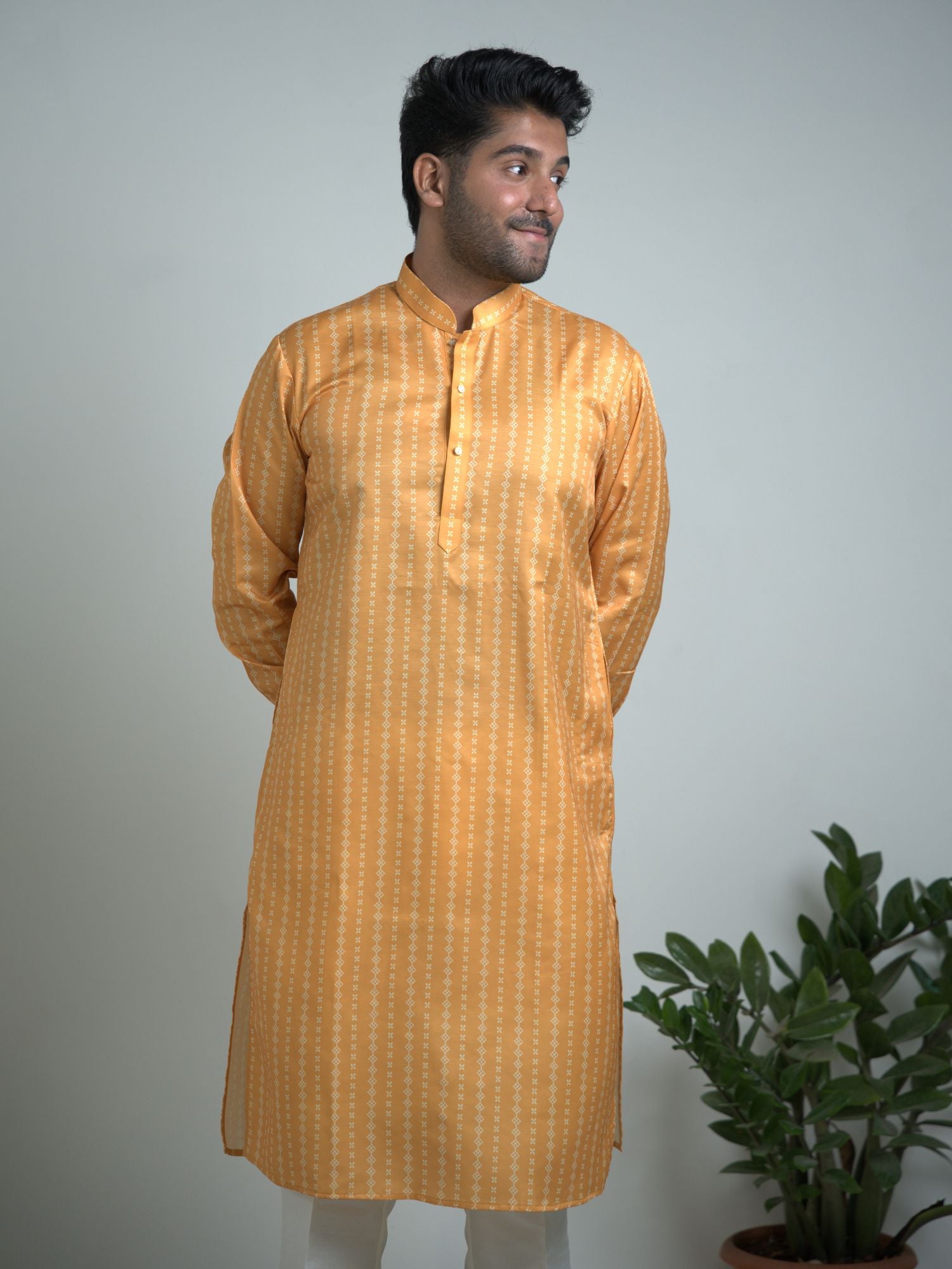 Yellow Satin silk printed kurta Trouser set