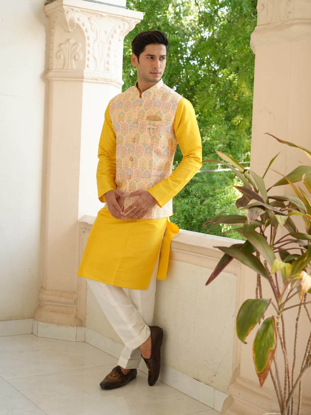 Magnet Men's Yellow Kurta Nehru Jacket Trouser Set