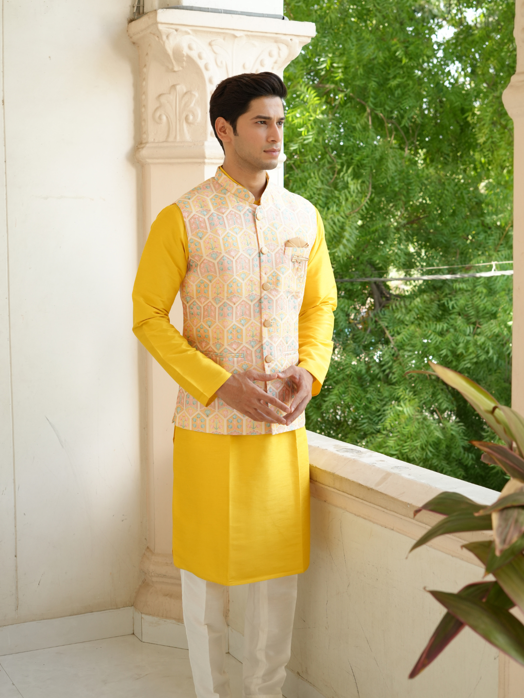 Magnet Men's Yellow Kurta Nehru Jacket Trouser Set