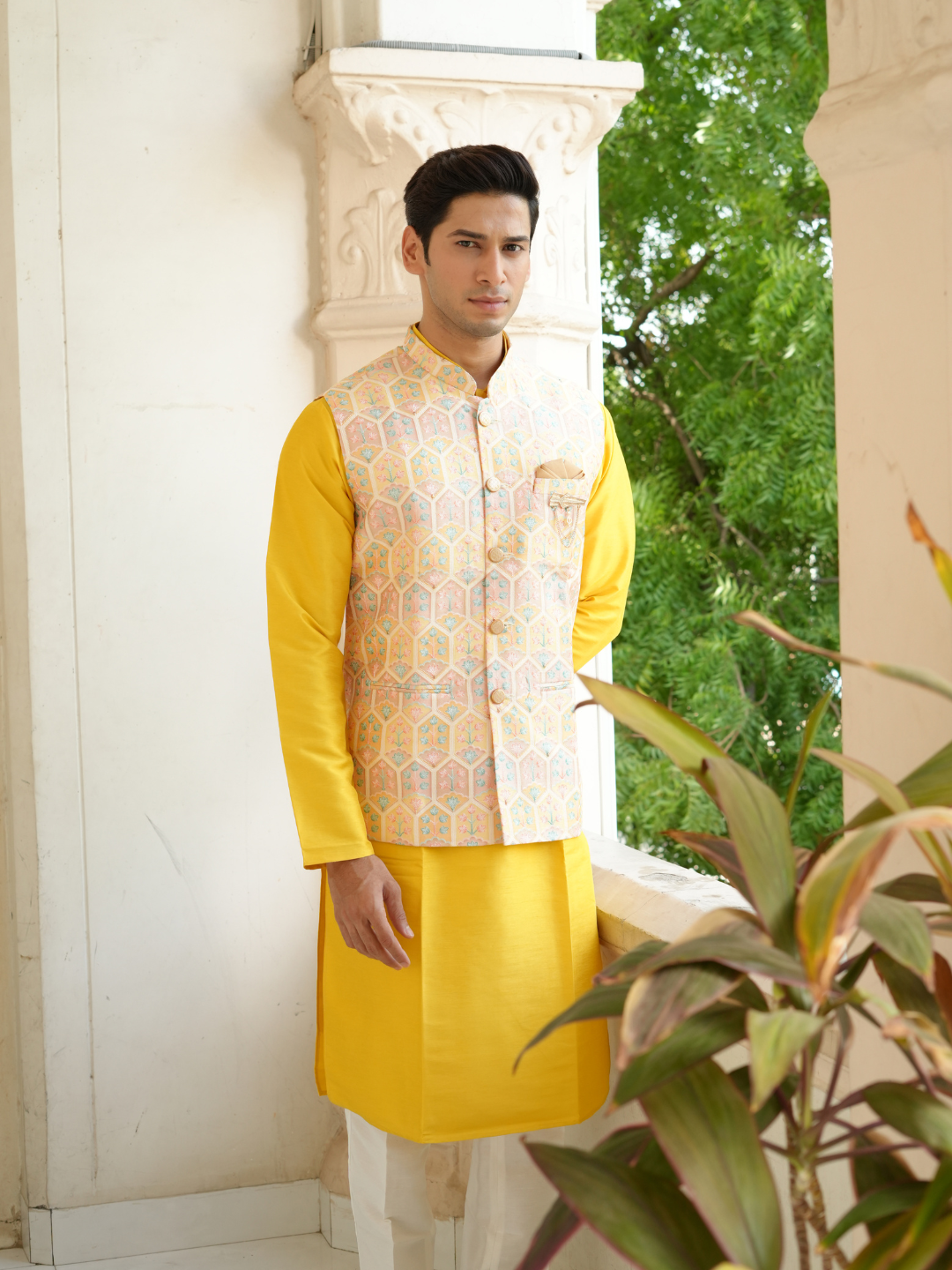 Magnet Men's Yellow Kurta Nehru Jacket Trouser Set