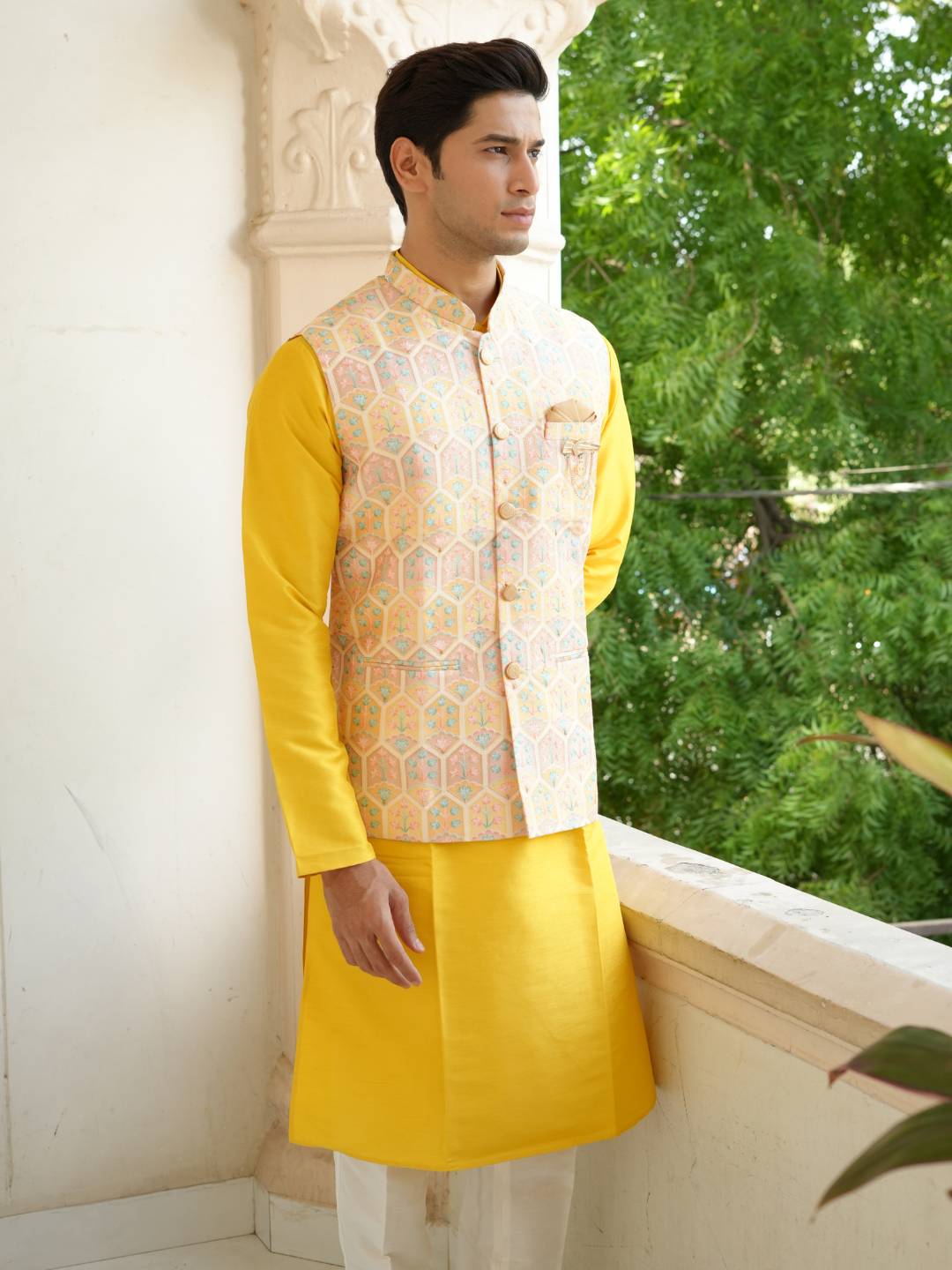 Magnet Men's Yellow Kurta Nehru Jacket Trouser Set