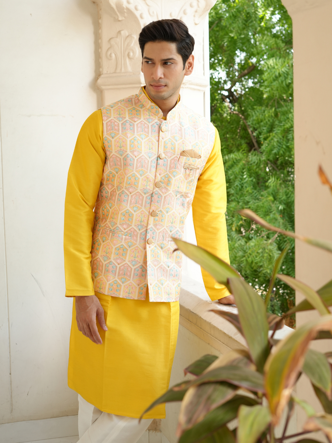 Magnet Men's Yellow Kurta Nehru Jacket Trouser Set