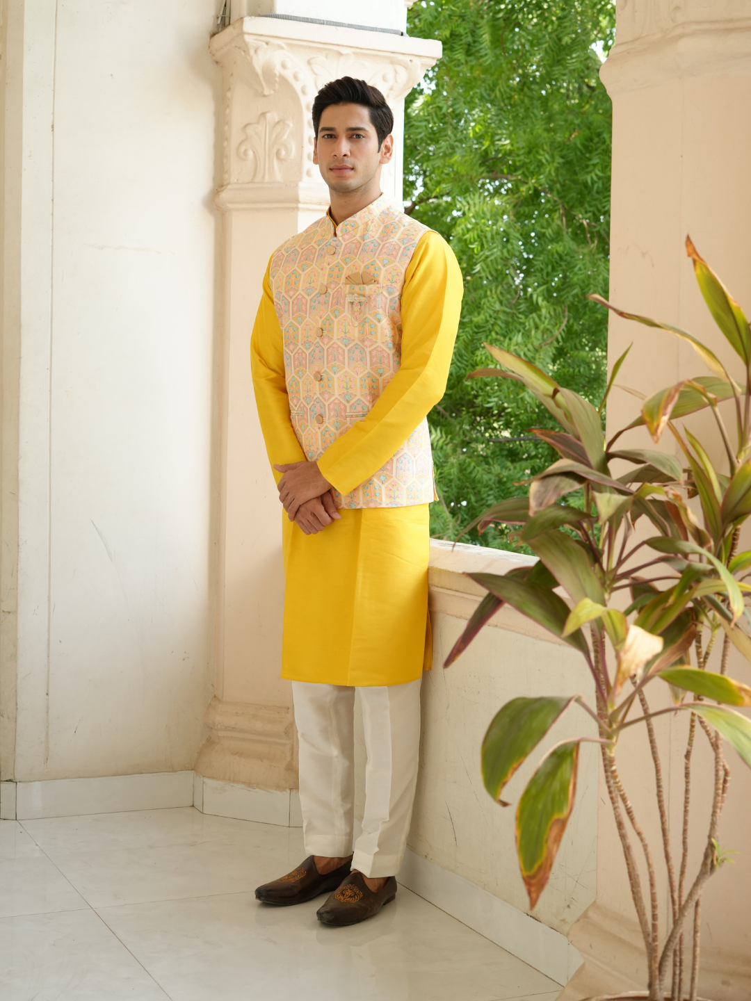 Magnet Men's Yellow Kurta Nehru Jacket Trouser Set