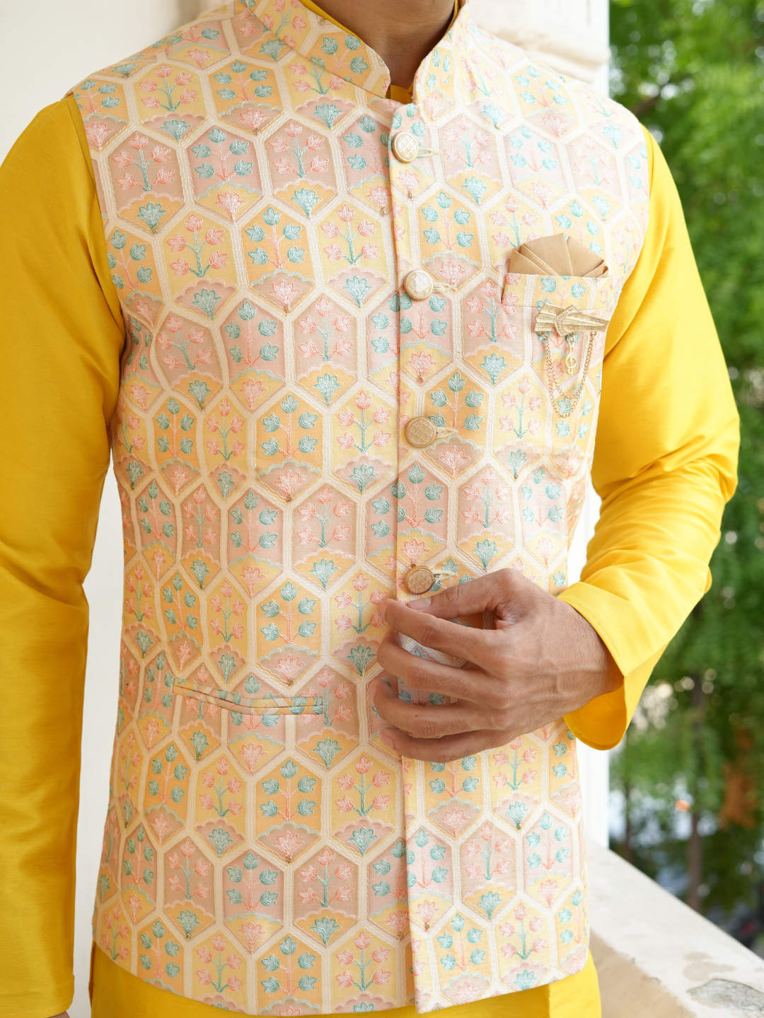 Magnet Men's Yellow Kurta Nehru Jacket Trouser Set