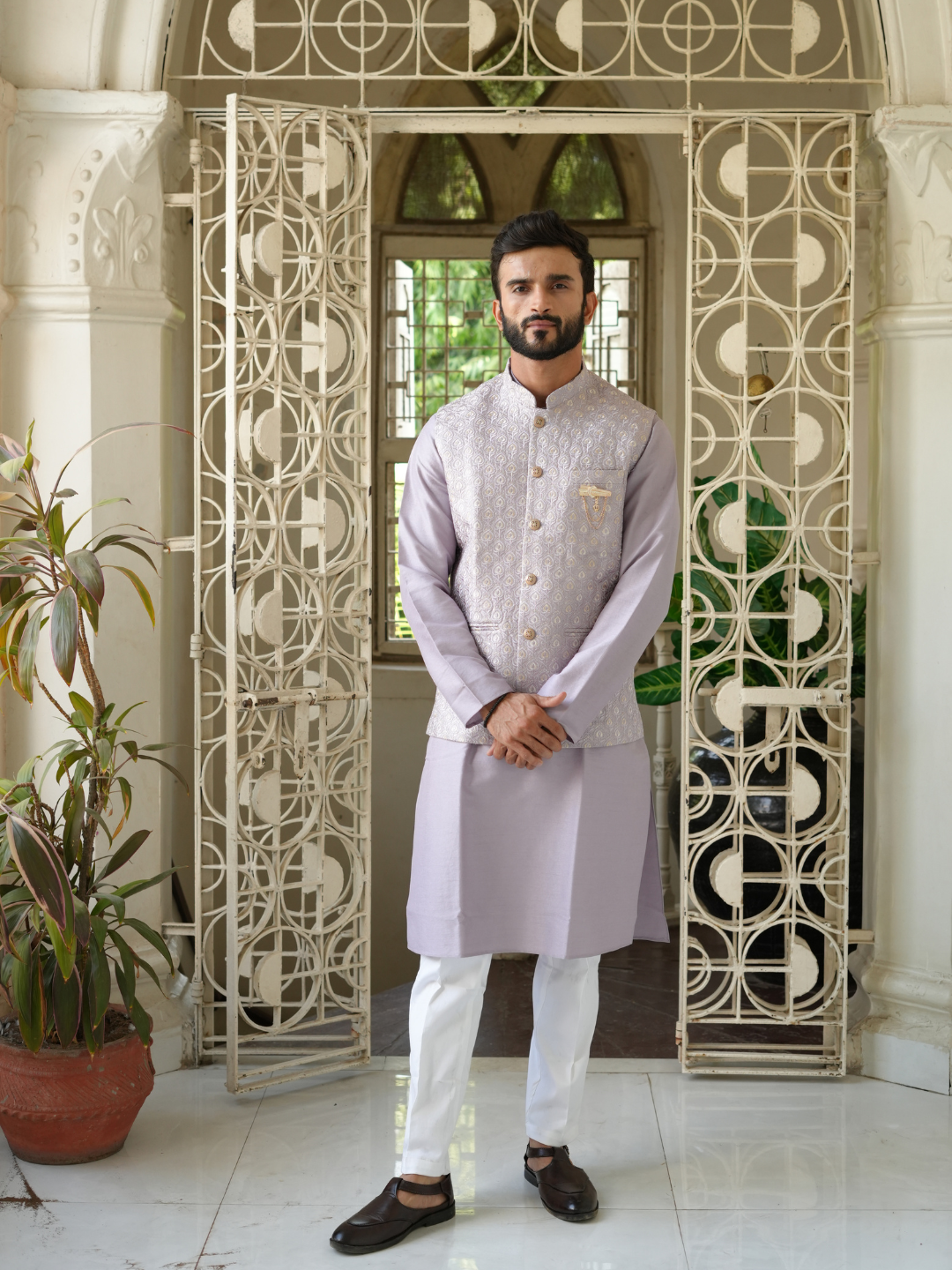 Magnet Men's Lilac Kurta Nehru Jacket Trouser Set