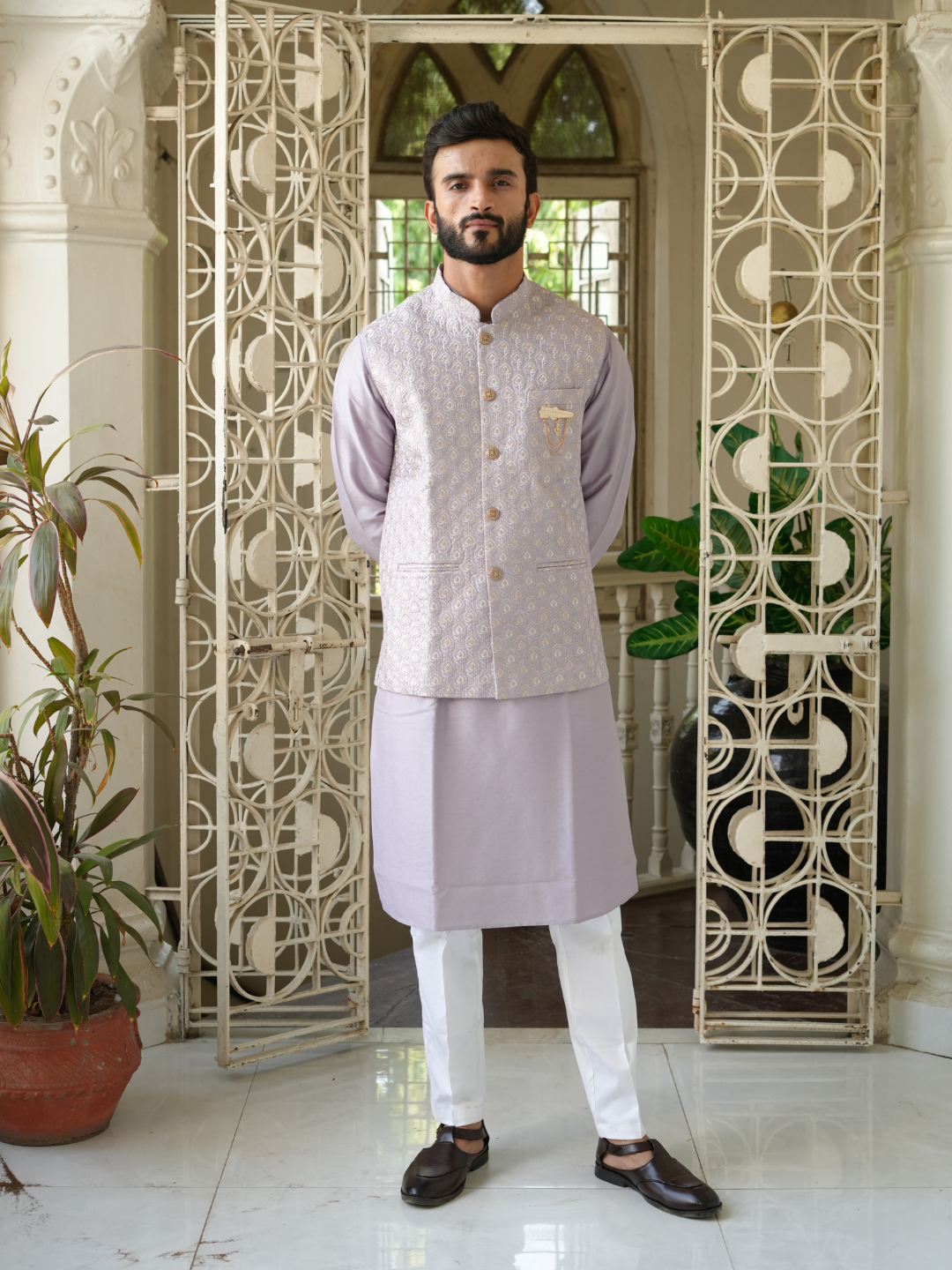 Magnet Men's Lilac Kurta Nehru Jacket Trouser Set