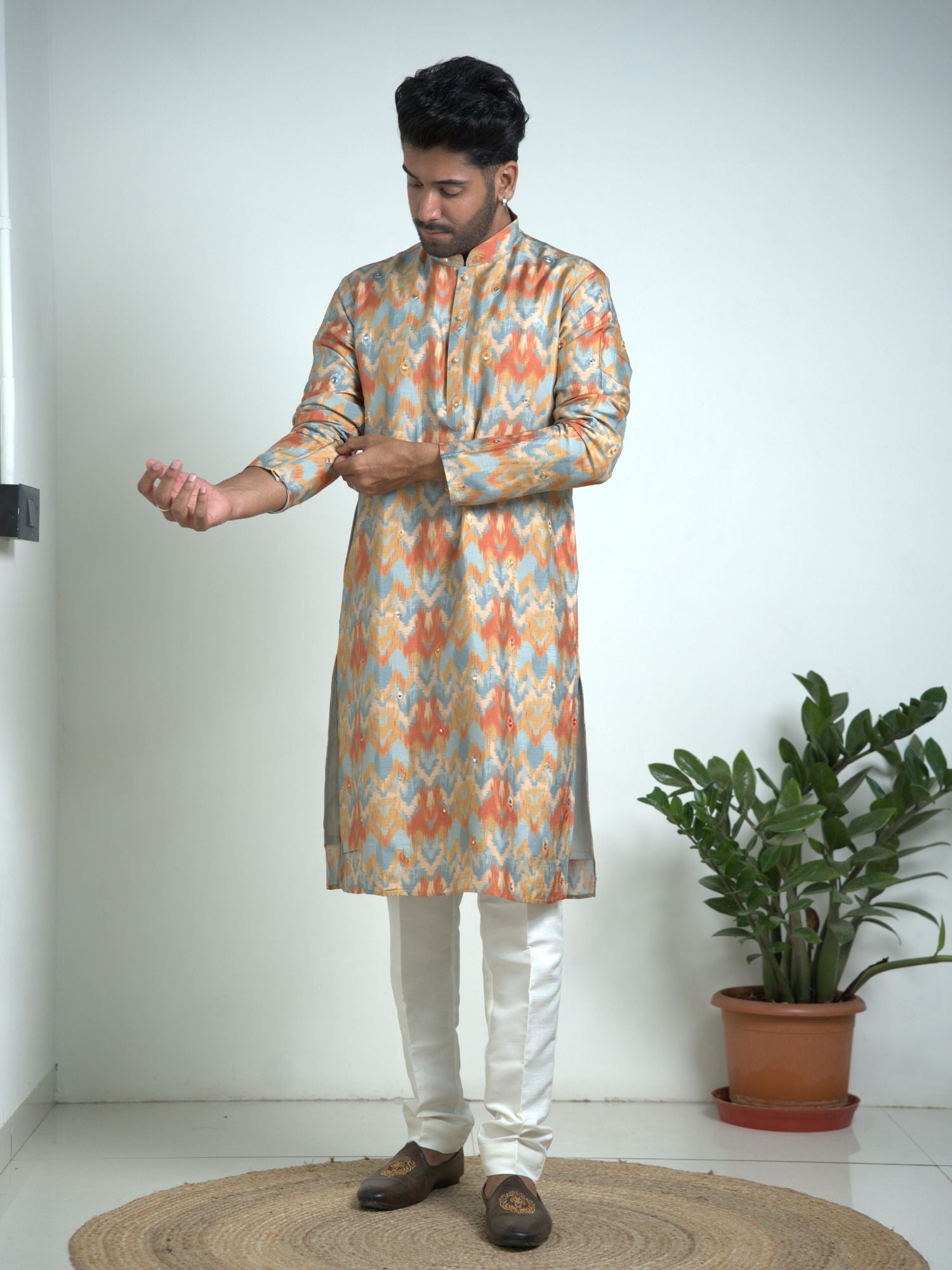 Multi print Tusser silk with mirror work kurta trouser set
