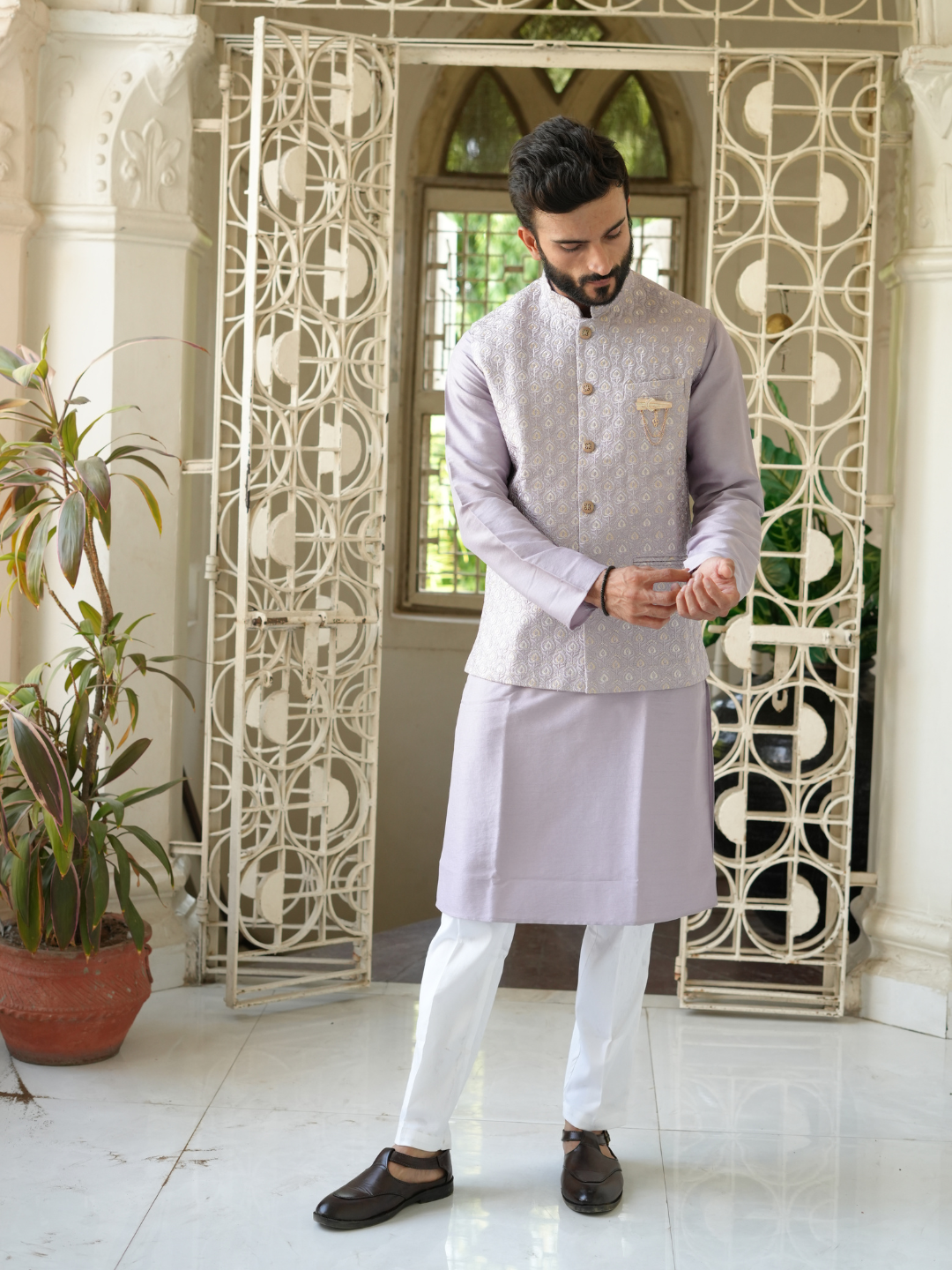 Magnet Men's Lilac Kurta Nehru Jacket Trouser Set