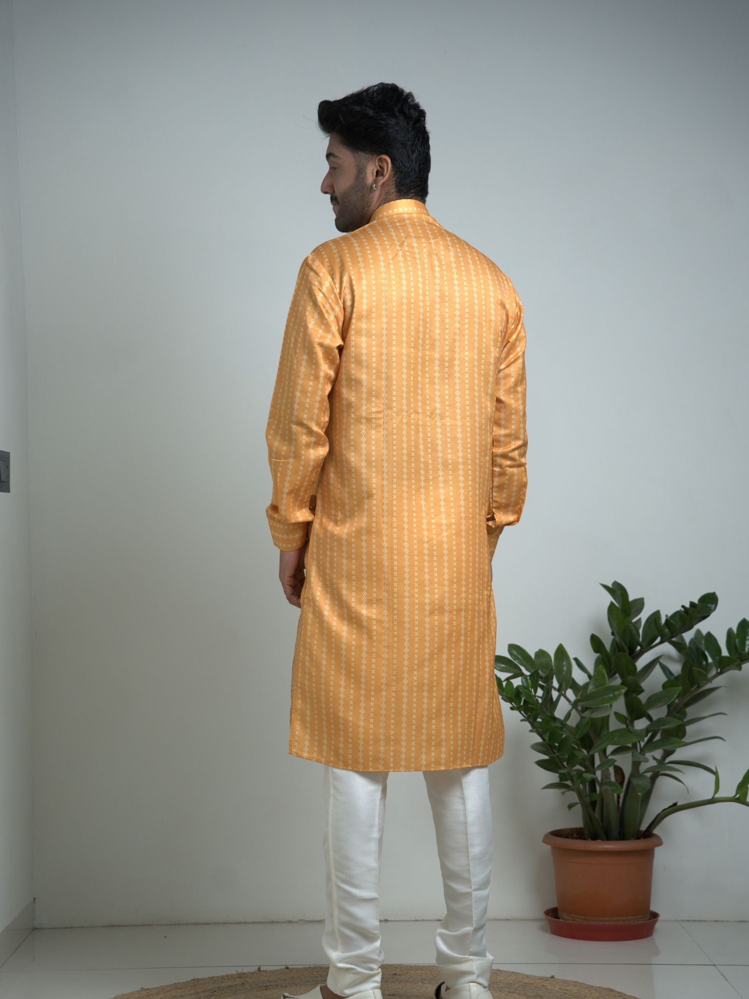 Yellow Satin silk printed kurta Trouser set