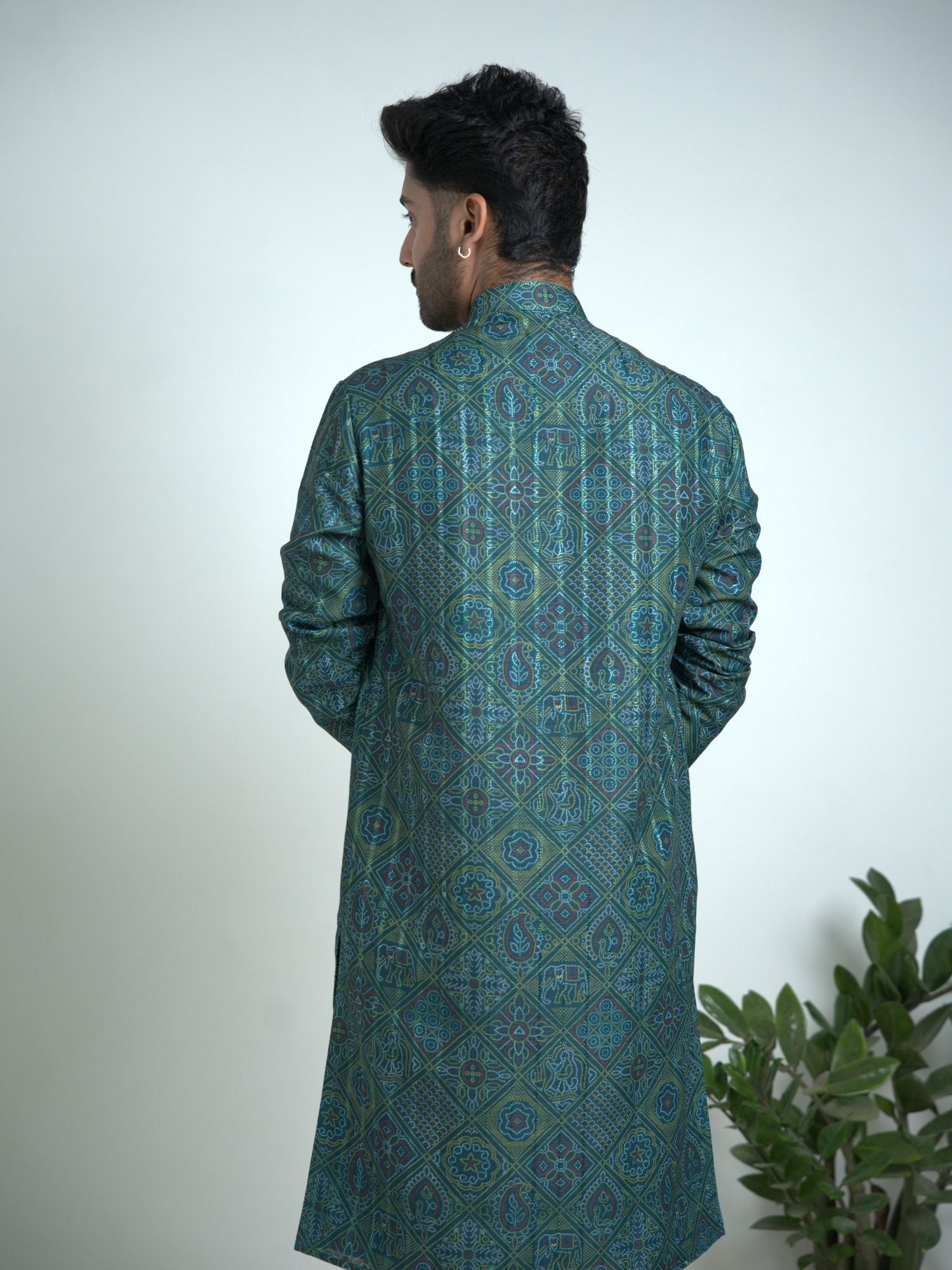 Rama green Bandej Print silk kurta trouser set.