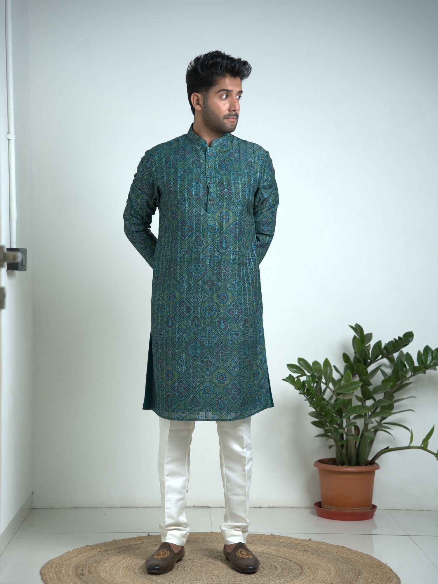 Rama green Bandej Print silk kurta trouser set.