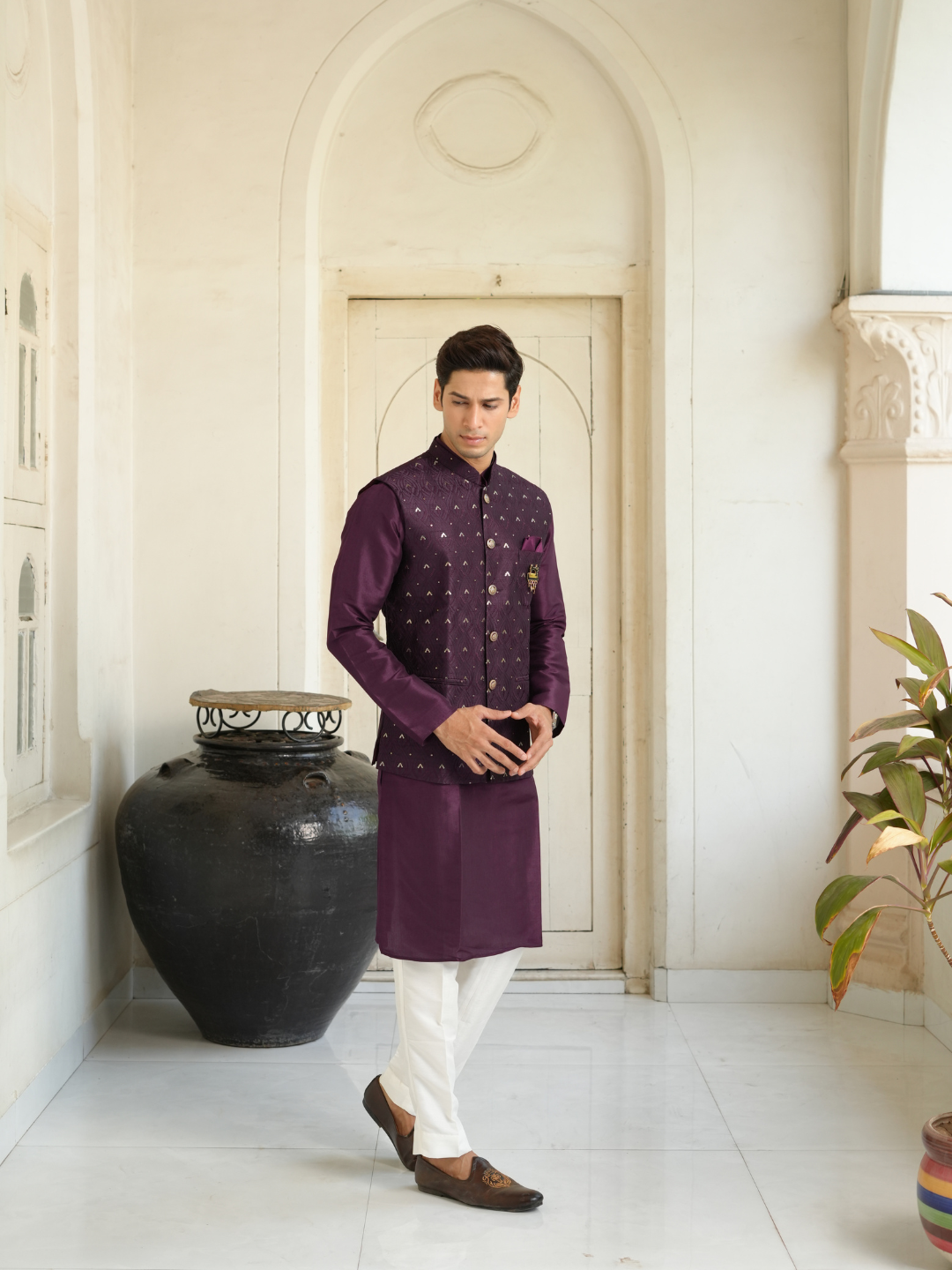 Magnet Men's Purple Kurta Nehru Jacket Trouser Set