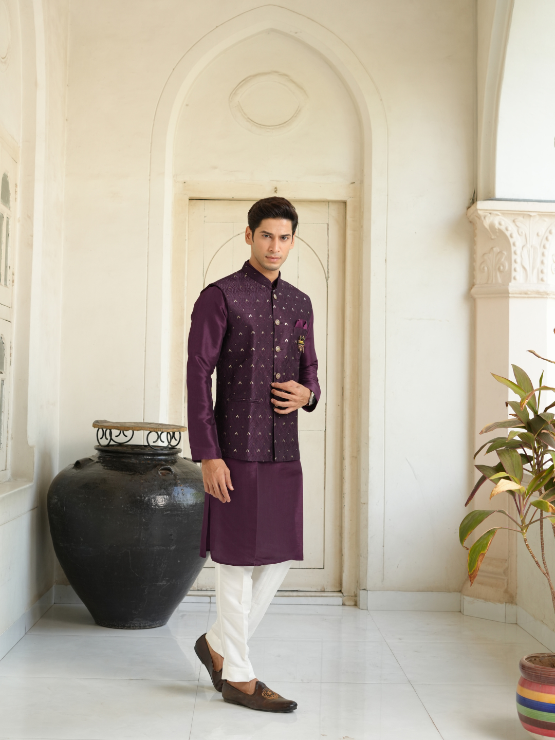 Magnet Men's Purple Kurta Nehru Jacket Trouser Set