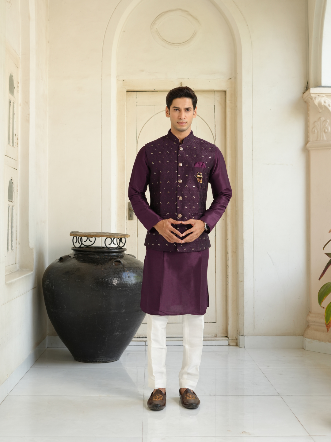 Magnet Men's Purple Kurta Nehru Jacket Trouser Set