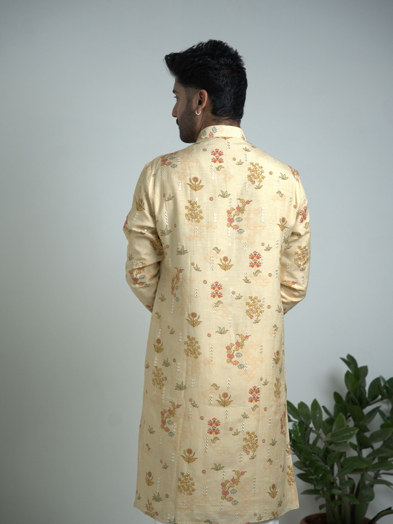 Cream Tusser Silk With Mirror Work Kurta Trouser Set