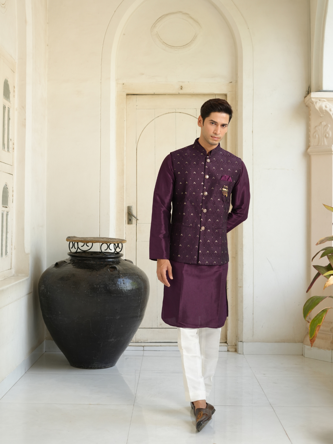 Magnet Men's Purple Kurta Nehru Jacket Trouser Set