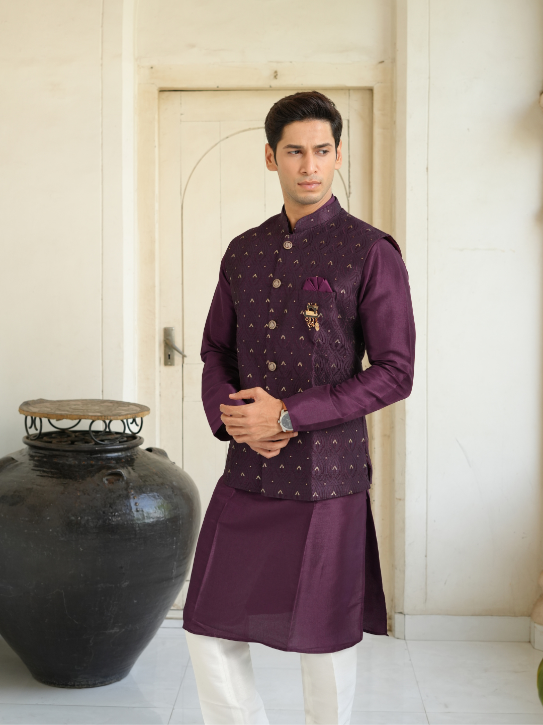 Magnet Men's Purple Kurta Nehru Jacket Trouser Set