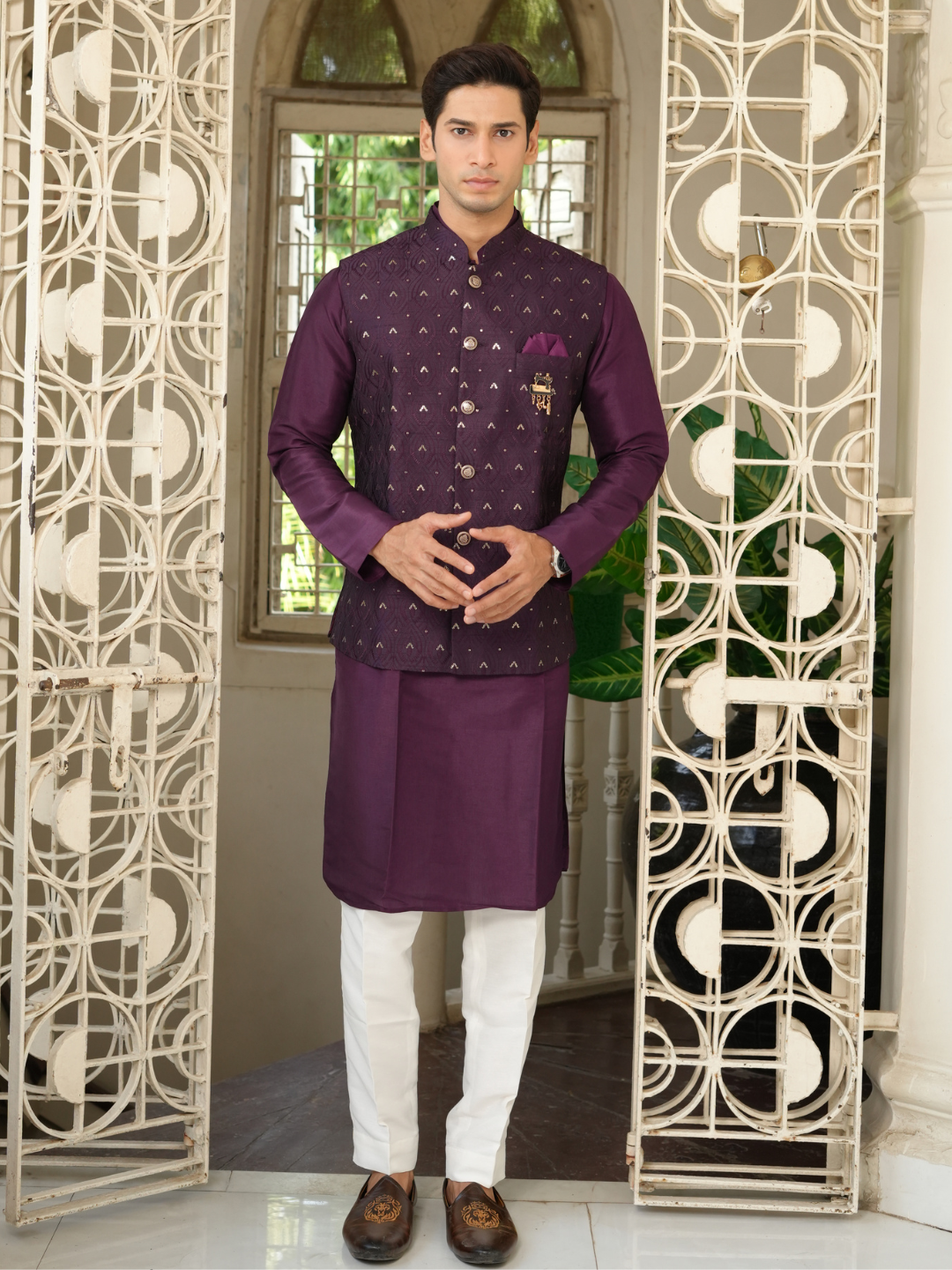 Magnet Men's Purple Kurta Nehru Jacket Trouser Set