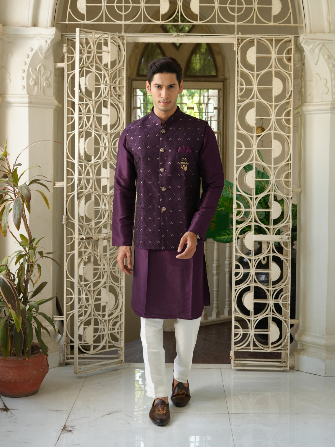 Magnet Men's Purple Kurta Nehru Jacket Trouser Set