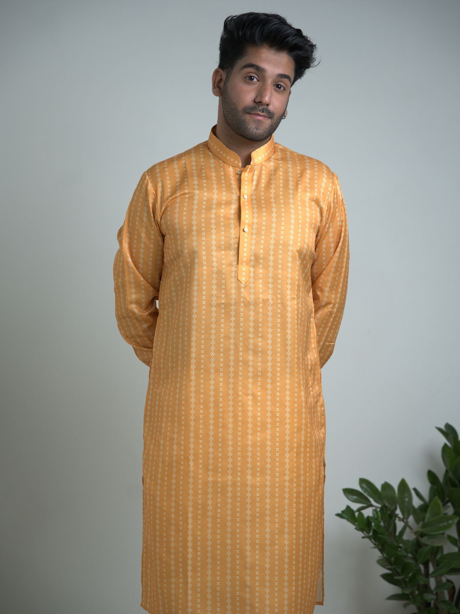 Yellow Satin silk printed kurta Trouser set