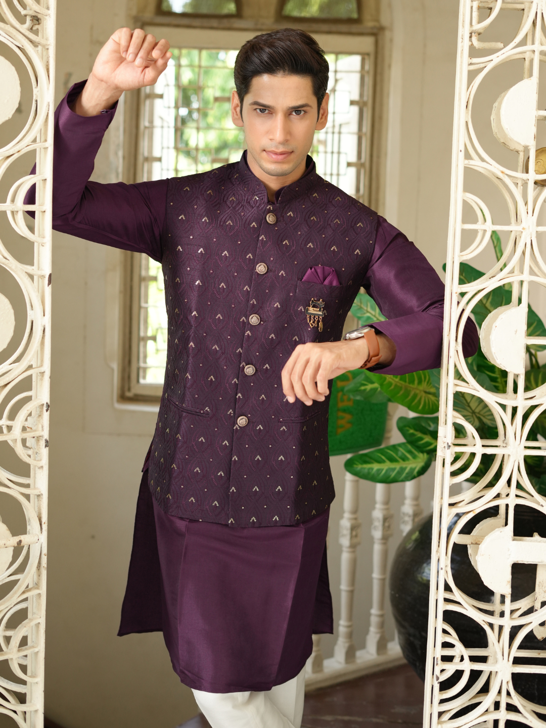 Magnet Men's Purple Kurta Nehru Jacket Trouser Set