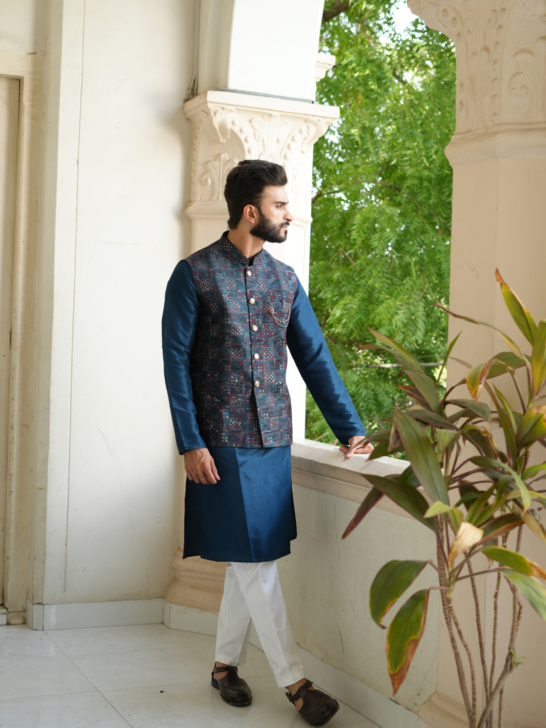 Magnet Men's Teal Blue Kurta Nehru Jacket Trouser Set