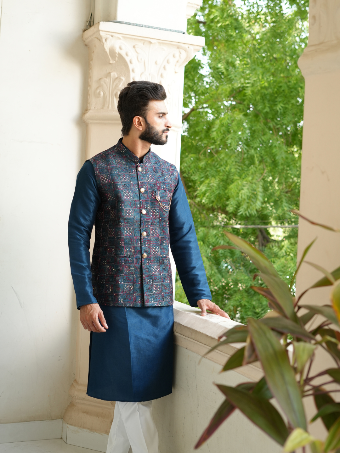 Magnet Men's Teal Blue Kurta Nehru Jacket Trouser Set