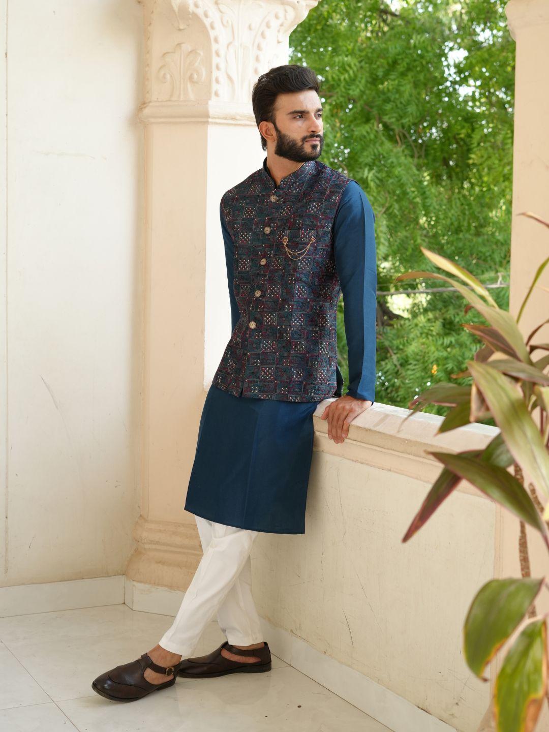 Magnet Men's Teal Blue Kurta Nehru Jacket Trouser Set