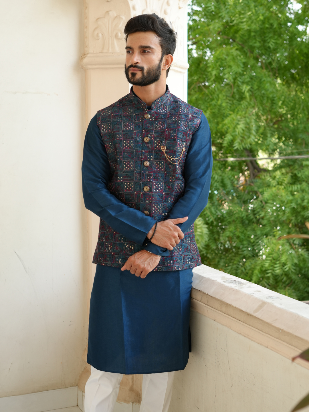 Magnet Men's Teal Blue Kurta Nehru Jacket Trouser Set