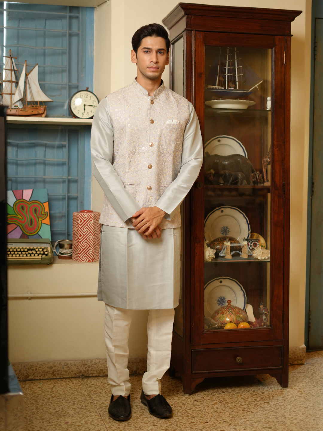 Magnet Men's Grey Kurta Nehru Jacket Trouser Set