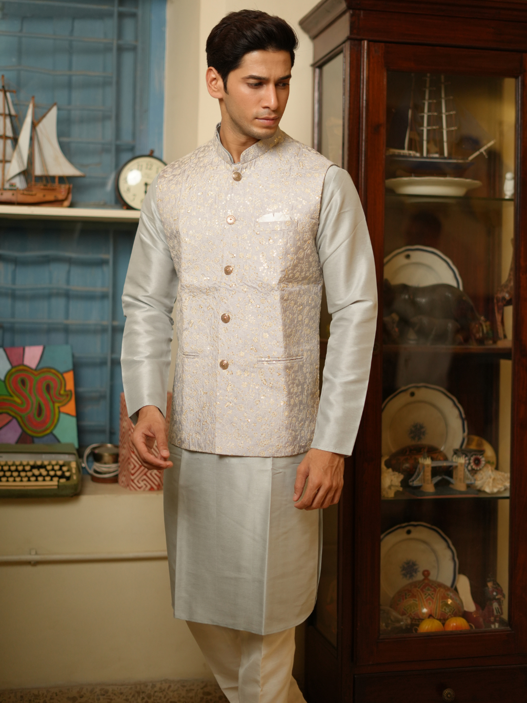 Magnet Men's Grey Kurta Nehru Jacket Trouser Set