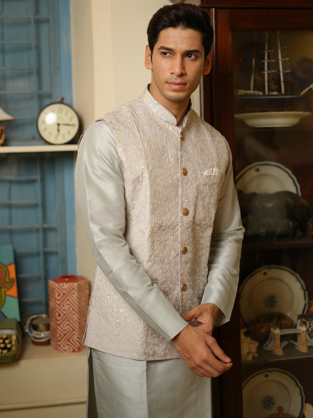 Magnet Men's Grey Kurta Nehru Jacket Trouser Set