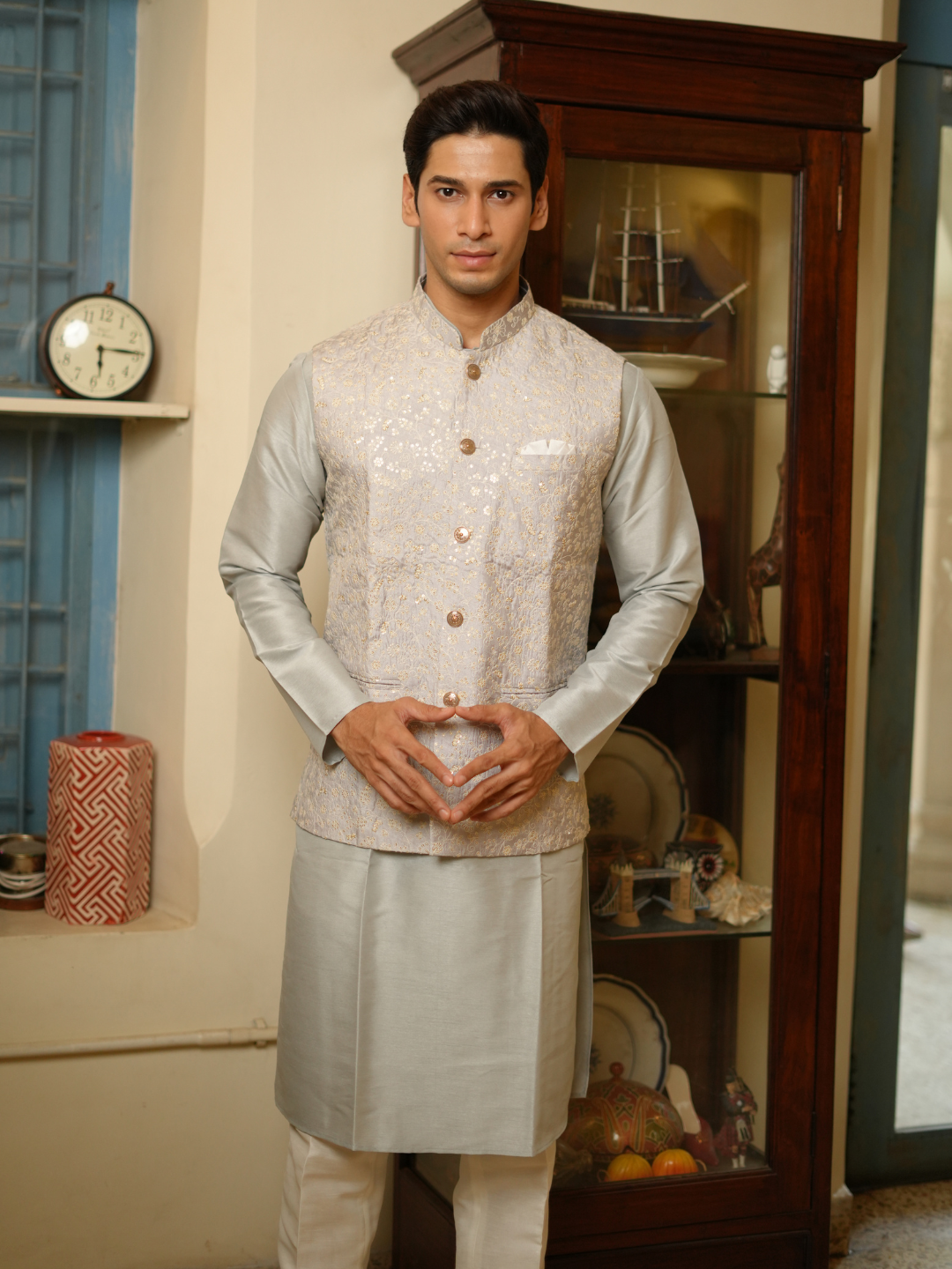 Magnet Men's Grey Kurta Nehru Jacket Trouser Set