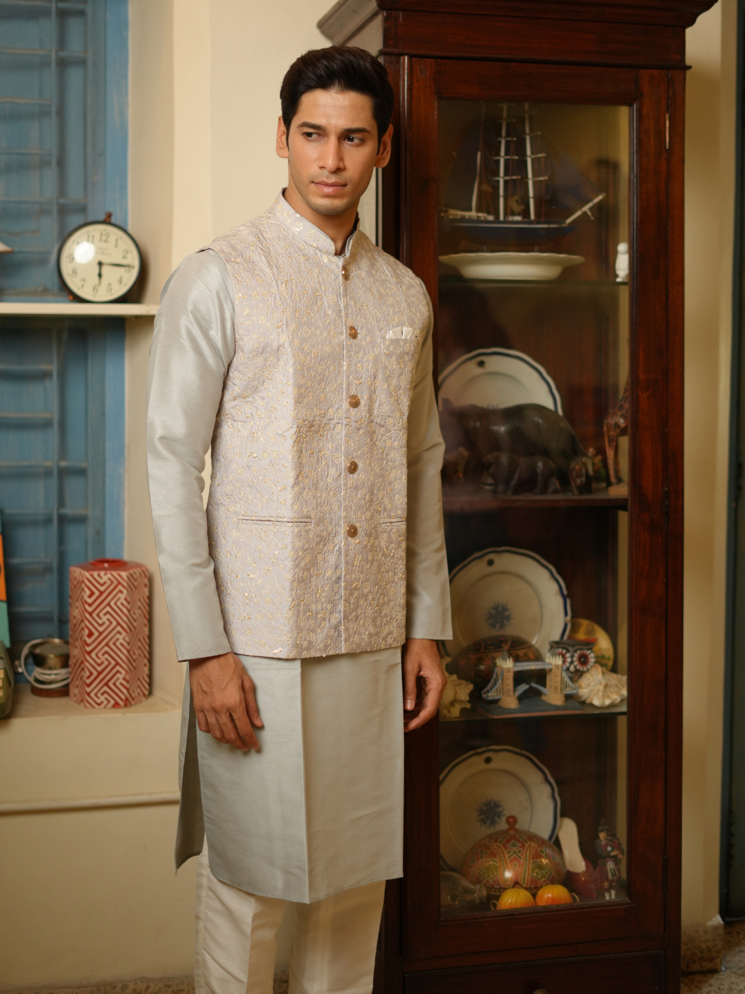 Magnet Men's Grey Kurta Nehru Jacket Trouser Set