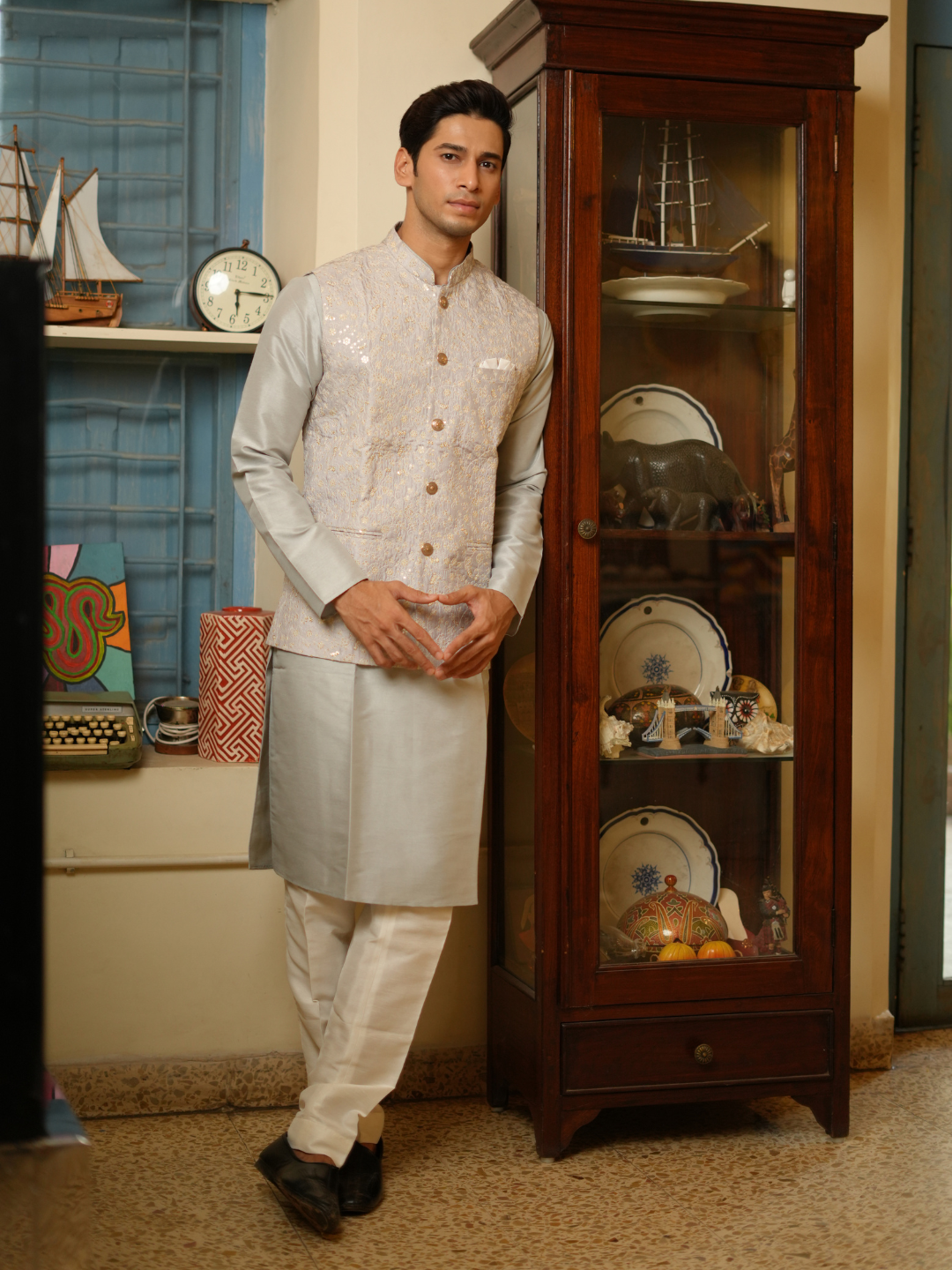 Magnet Men's Grey Kurta Nehru Jacket Trouser Set