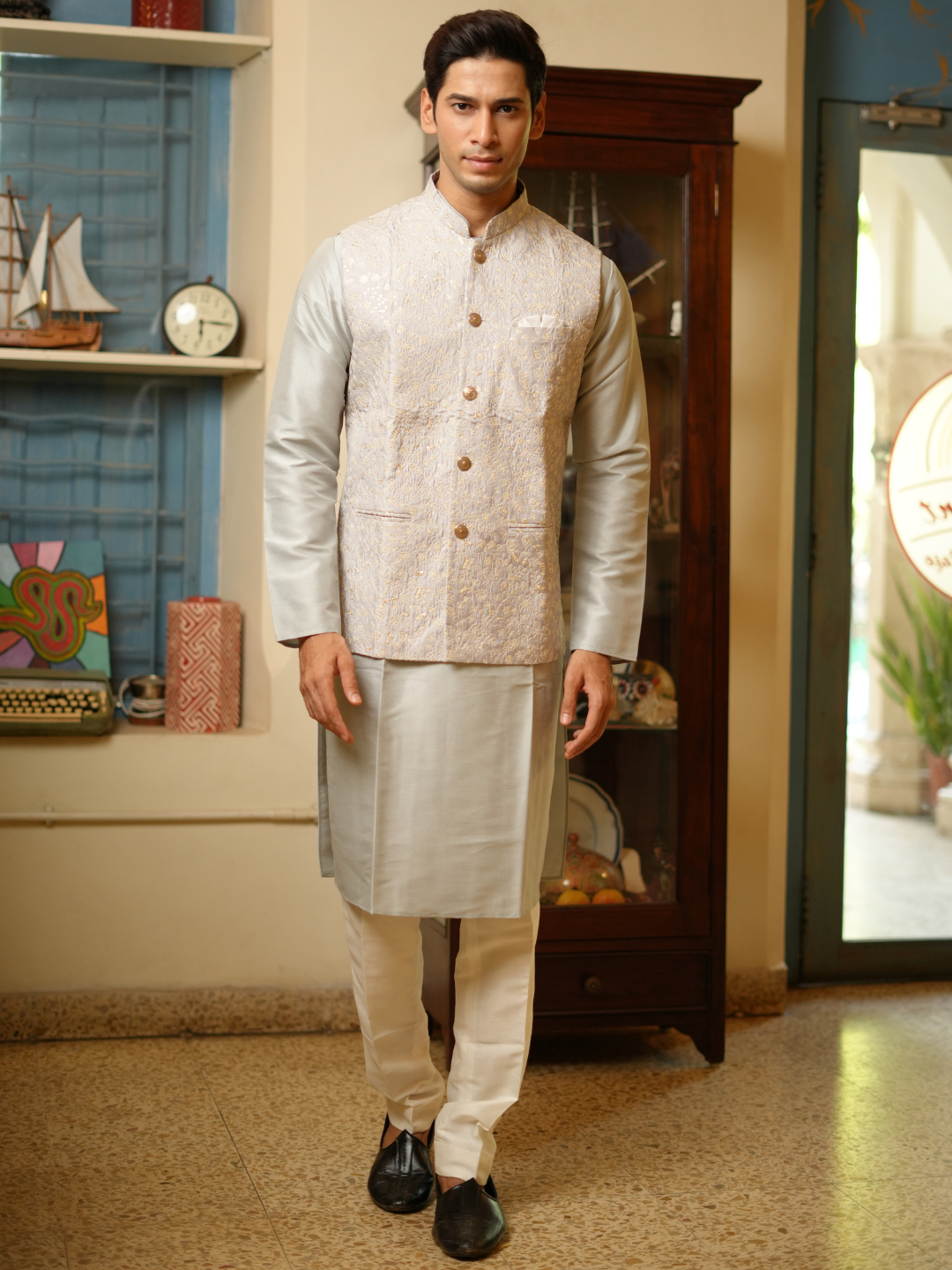 Magnet Men's Grey Kurta Nehru Jacket Trouser Set