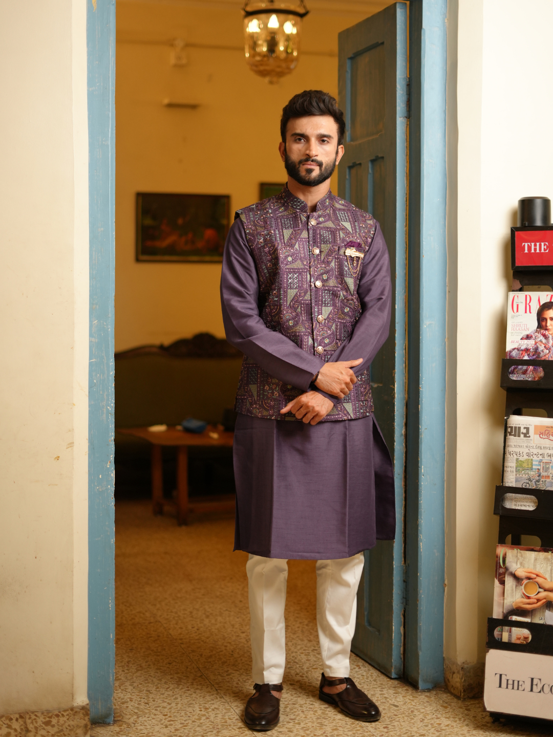 Magnet Men's Purple Kurta Nehru Jacket Trouser Set