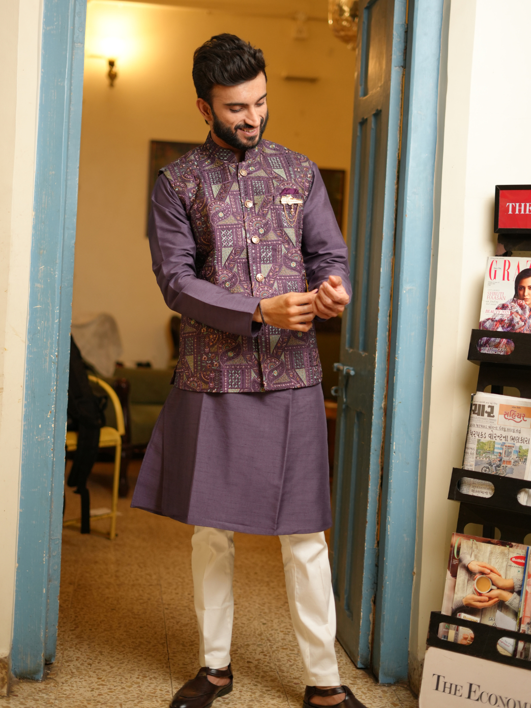 Magnet Men's Purple Kurta Nehru Jacket Trouser Set